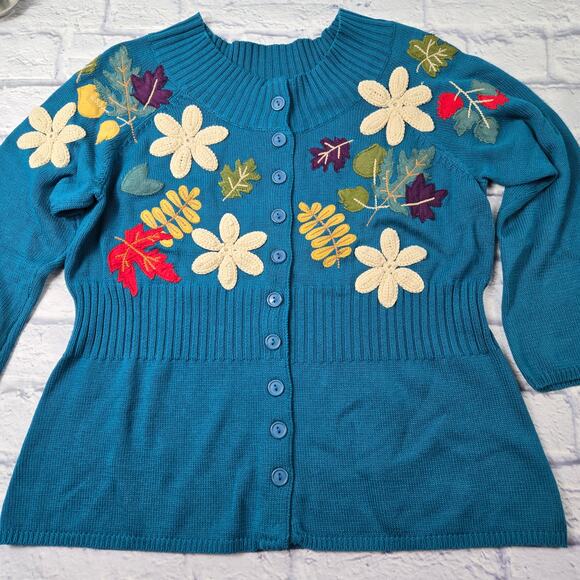 Teal Blue Green Fall Applique Cardigan by Classic Elements Ribbed Waist size XL - Picture 5 of 13